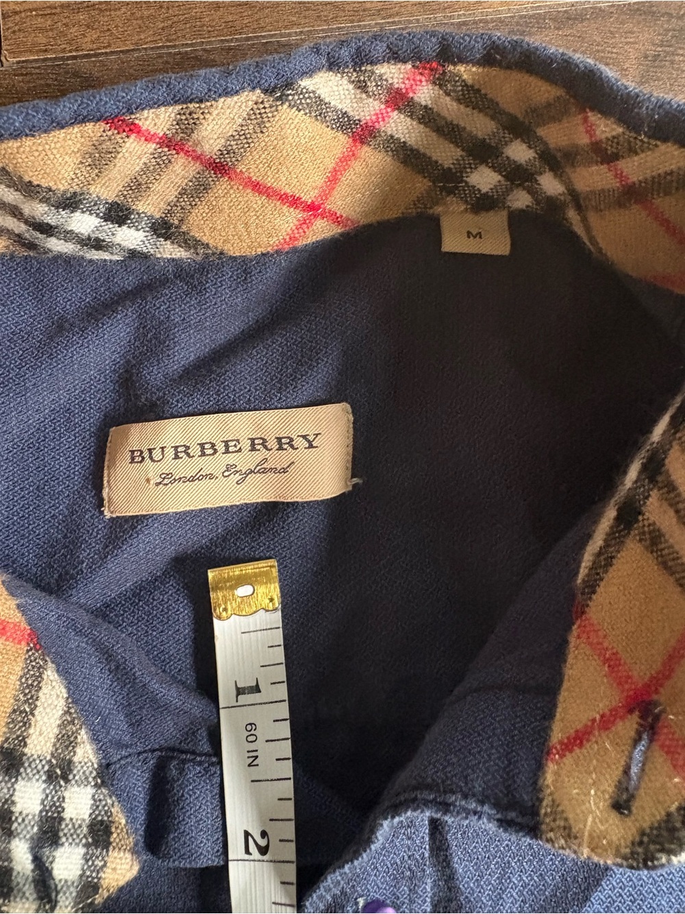 Burberry Navy Long-Sleeve Button-Down Shirt with Plaid Trim - Picture 4 of 6